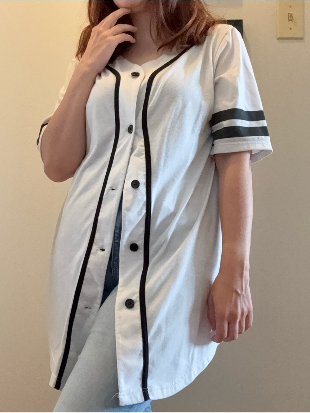 White Baseball-Style Button Front Shirt with Black Trim